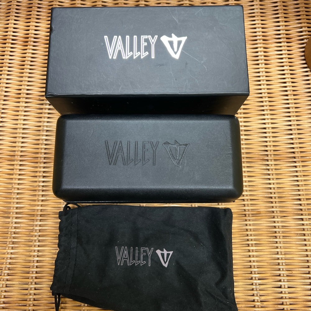 Valley sunglass pouch, case and box. Does not include sunglasses.